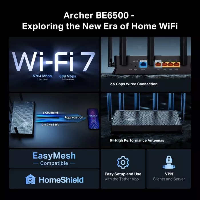 TP-Link Archer BE6500 Dual-Band Wi-Fi 7 Router - 6.5 Gbps Speed