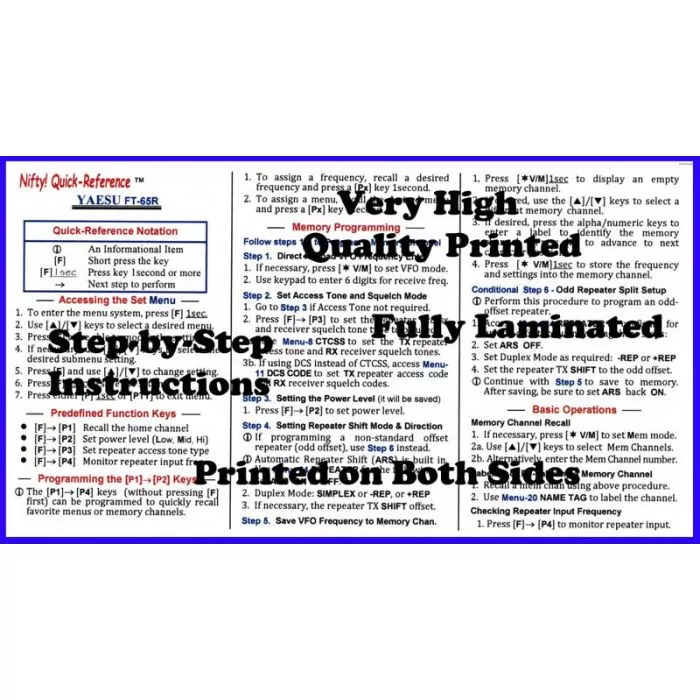 Niftty Manual Yaesu FT-65R Tri-Folded Reference Card | GigaParts.com