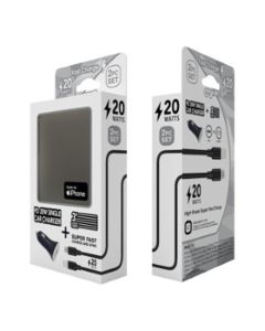 Crucial Tech MFI/USB-C Car Charger Kit 20W 3ft Black Lightning Cable w/USB-C Port PD Car Charger