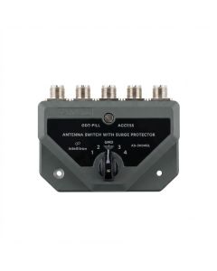 An Intellitron AS-3004GL antenna switch with surge protector features a dark gray housing, five coaxial connectors along the top edge, and a central rotary selector knob labeled for four antenna ports and a ground position.