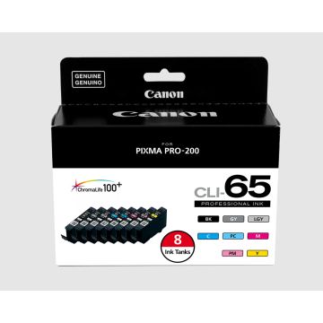 Canon CLI-65 8-Color Pack, BK,GY,LGR,C,PC,M,PM,Y Ink for PRO-200S - 4215C007